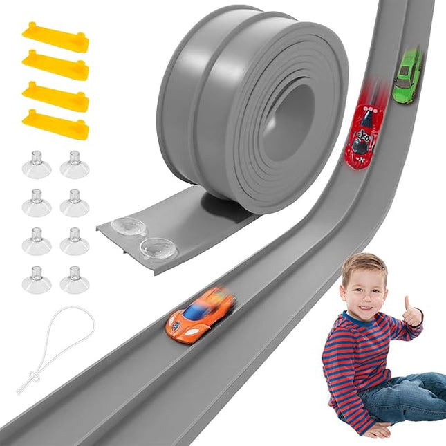 Flex Track 15 Ft Starter Set, Compatible with Hot Wheels, 1:64 Scale Diecast Cars, Ages 3 & Up for Boys and Girls Long Rolls Up Portable Racetrack (Gray)