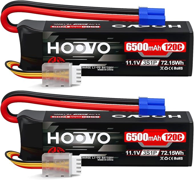 HOOVO 3S Lipo Battery, 11.1V 6500mAh 120C RC Battery Pack,Softcase with EC5 Plug for RC Car Truck Buggy Crawler Airplane Boat RC Vehicle,2Packs