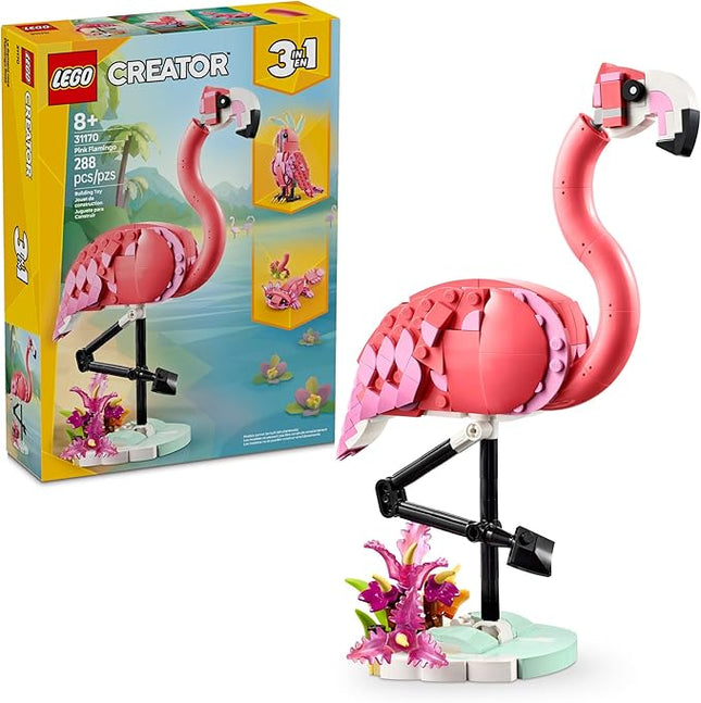 LEGO Creator 3 in 1 Wild Animals: Pink Flamingo Animal Building Toy - Includes 3 Building Options, Pink Flamingo, Cockatoo, or Axolotl - Learning Toy for Kids, Girls, and Boys, Ages 8+ - 31170