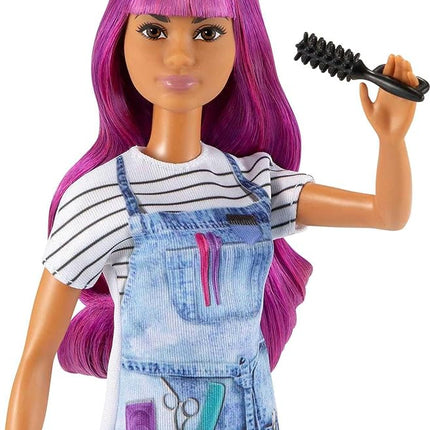 Barbie Careers Fashion Doll & Accessories, Salon Stylist with Purple Hair Wearing Removable Outfit with Tie-Dye Smock, Blow Dryer & Brush