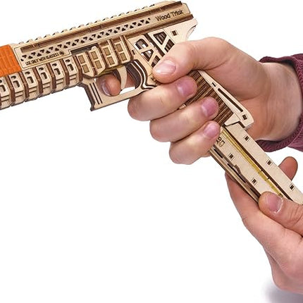 Wood Trick Defenders Gun 3D Wooden Puzzles for Adults to Build - Shoots up to 13 ft - 2 Clips - 9x5 in - Wooden Model Kits for Adults - 14+