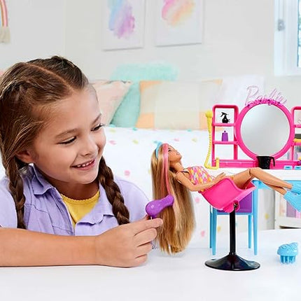 Barbie Doll & Hair Salon Playset with 15 Styling Accessories & Furniture, Long Color-Change Hair & Printed Dress