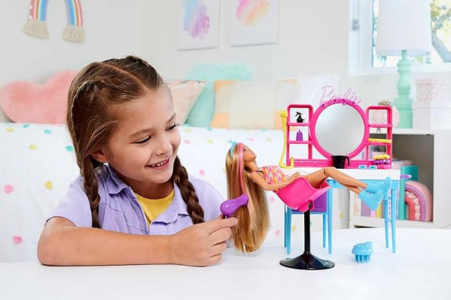 Barbie Doll & Hair Salon Playset with 15 Styling Accessories & Furniture, Long Color-Change Hair & Printed Dress