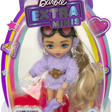 Barbie Extra Minis Doll #4 (5.5 in) Wearing Fluffy Purple Fashion, with Doll Stand & Accessories Including Teddy Ears and Sunglasses, Gift for Kids 3 Years Old & Up
