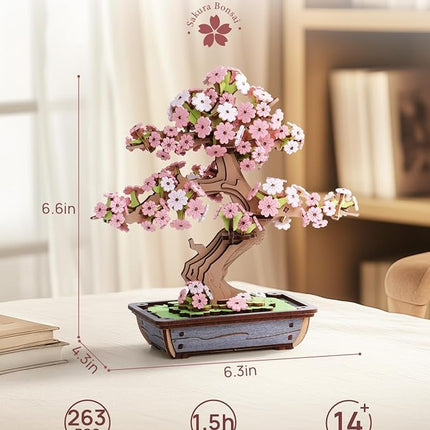 ROBOTIME Sakura Bonsai 3D Puzzles Wooden Artificial Cherry Blossom Tree DIY Model Building Kit for Home Decoration and Office Art Creative Gifts