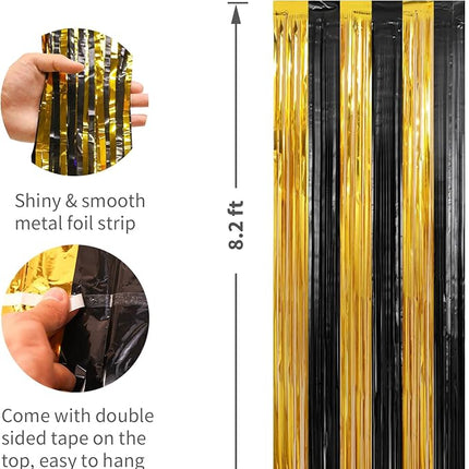 2 Pack Gold and Black Foil Fringe Curtains Streamers 3.3 x 8.2 ft, Tinsel Backdrop for Parties, Door Birthday Streamers, Photo Booth Backdrops, Party Decorations