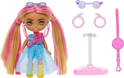 Barbie Extra Mini Minis Doll with Pink-Streaked Blonde Pigtails Wearing Blue Dress & Accessories, Plus Stand, 3.25-inch