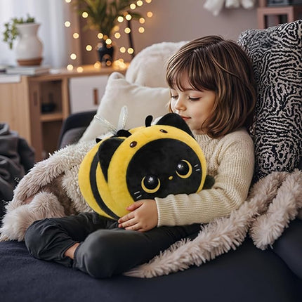 Mewaii Cute Black Cat Bee Plush Pillow, Kawaii Plushies Bee Stuffed Animal Toy, Kitten Plushies with Honeybee Outfit Costume, Soft Squishy Birthday Gifts for Kids & Girls (16 Inch)