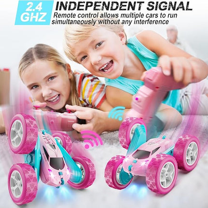 RC Cars, Pink Remote Control Car for Girls, 2.4 GHZ Double Sided RC Stunt Car 360° Rotating Remote Control Crawler with Headlights Car Toys for 6 7 8 9 10 11 12 Girls Birthday Gift