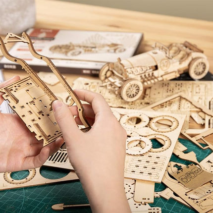 ROKR Model Car Kits Wooden 3D Puzzles Model Kits for Adults Educational Brain Teaser Assembly Model, Desk Decor/DIY Hobbies/Gifts (Grand Prix Car)