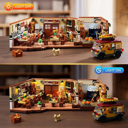 City Street Pizza Restaurant Building Set with Light, 1098PCS Pizzeria House Architecture Model with Retro Pizza Van, Home Decor Construction Building Block Gift for Adults Teens Boys Girls 12+