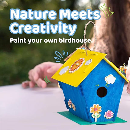 Neliblu DIY 12 Wooden Bird House Kits - Creative Arts and Crafts Set for Kids and Adults - Unfinished Wood Birdhouses with Paint Strips, Brushes, Stickers and Strings - 3 Unique Shapes, 2 Sizes