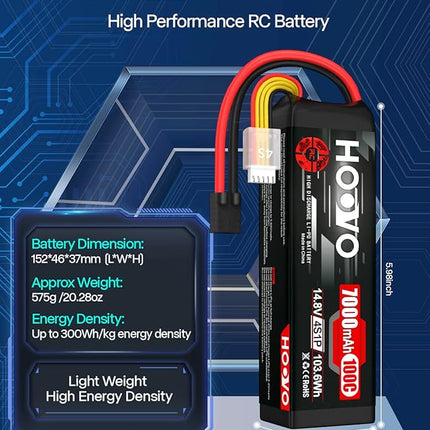 HOOVO 4S 14.8V LiPo Battery 7000mAh 100C RC Battery Metal Plates Compatible for X-Maxx RC Truck Tank RC Car Racing Hobby (2 Pack)