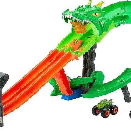 Hot Wheels Toy Monster Trucks, Sharks vs. Dinos Dragon Destruction Playset with 1:64 Scale Great Bite & Rageasaur, Race to Defeat The Cyborg Nemesis