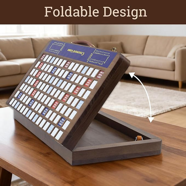 Wooden Folding Crossword Board Game – Word Game Set with 100 Letter Tiles, Sand Timer, Pencil, Racks & Bag – Portable Wooden Game for Adults & Family