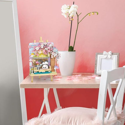 MEIEST Panda Mini Building Blocks Cute 3D Painting Model Set,Creative 4 Seasons' Views Collection Construction Building Bricks Toy,Home Decor (Spring-Cherry Blossom)