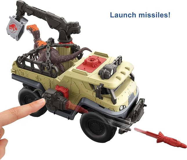 Mattel Jurassic World Dominion Capture & Crush Truck & Dino Playset with Velociraptor Action Figure, Vehicle Features Tranq Shooter, Crane & 2 Breakaways