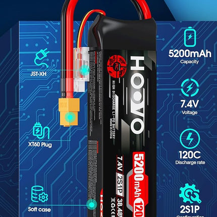 HOOVO 2S Lipo Battery, 7.4V 5200mAh 120C RC Battery Pack,Softcase with XT60 Plug for RC Car Truck Buggy Crawler Airplane Boat RC Vehicle,2Packs