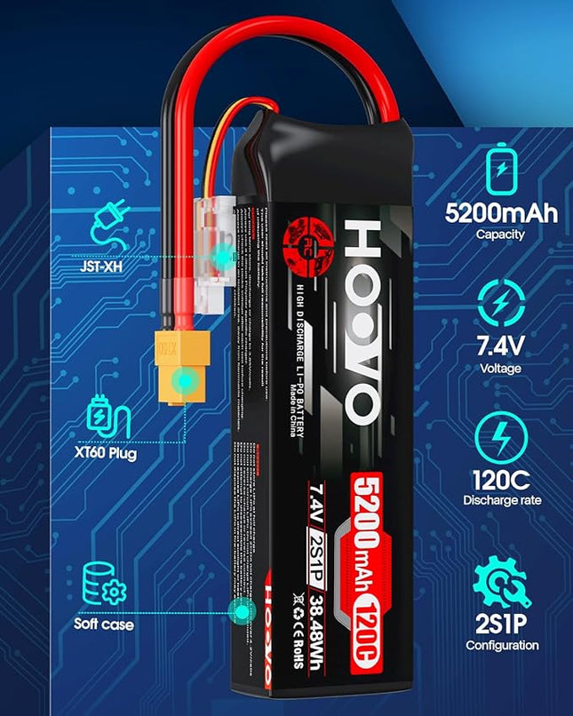 HOOVO 2S Lipo Battery, 7.4V 5200mAh 120C RC Battery Pack,Softcase with XT60 Plug for RC Car Truck Buggy Crawler Airplane Boat RC Vehicle,2Packs