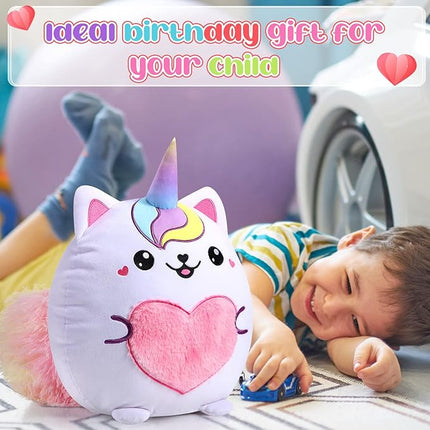 Leyndo Stuffed Unicorn Pillow Plush 14 Inch Cat Plush Toy Unicorn Cat Stuffed Animal Birthday Kitty Plushies Pillow for Christmas Birthday Kids Toddlers Girls Boys Room Sofa Car Decor(Lovely)