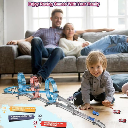 Toy Car Track Set Race with 4 Super Pull-Back Racing Cars, 360°Loops, Turns and Crossover High-Speed Racing Game Circular Overpass Track Gifts Birthday Toys for Boys Kids Age 6 7 8-12