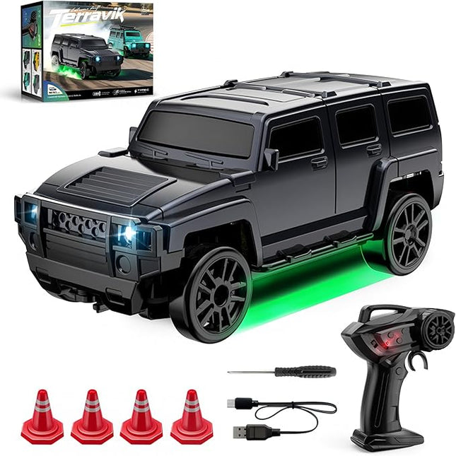1:64 Scale Off-Road RC Drift Muscle Truck, Proportional Steering & 4WD Rig– 2.4GHz Gun Remote Car, Type-C Fast Charge SUV, Multi-Terrain Drift Tires – Learn Advanced Skills Blackout Overlord