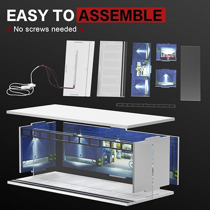 1/64 Scale Diecast Display Case for Hot Wheels Matchbox Cars, Toy Car Model Mini Garage with LED Light and Acrylic Cover, Stackable Parking Lot Diorama Storage for Collection Present