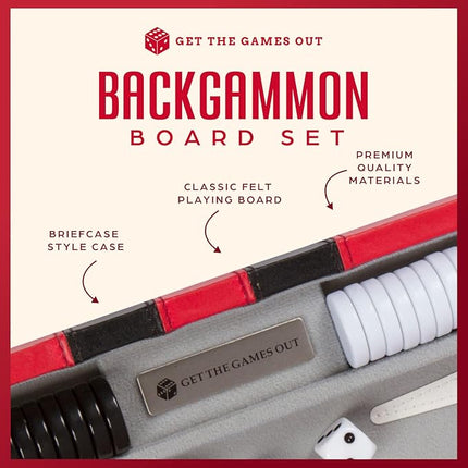 Get The Games Out Backgammon Set, Classic Board Game Case, 2 Players, Includes Strategy & Tip Guide, Perfect for Parties and Family Game Nights - Small, Red