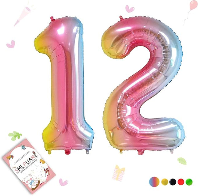 Smlpuame 40 Inch Number Balloons 0-9 Rainbow Gradient Large Number 12 Balloons, Digital Balloons for Birthday Party Celebration Decorations, Helium Foil Number Balloons for Wedding Anniversary