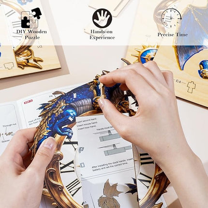 3D Wooden Puzzles for Adults Blue Dragon Clock - Model Building Kit Clock Puzzle Creative Craft Gift Home Deco for DIY Enthusiasts, Brain Teaser Building Set Birthday Gifts
