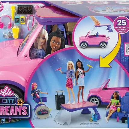 Barbie: Big City, Big Dreams Transforming Vehicle Playset, Pink 2-Seater SUV Reveals Stage, Drum Set & Concert-Themed Accessories, Gift for 3 to 7 Year Olds