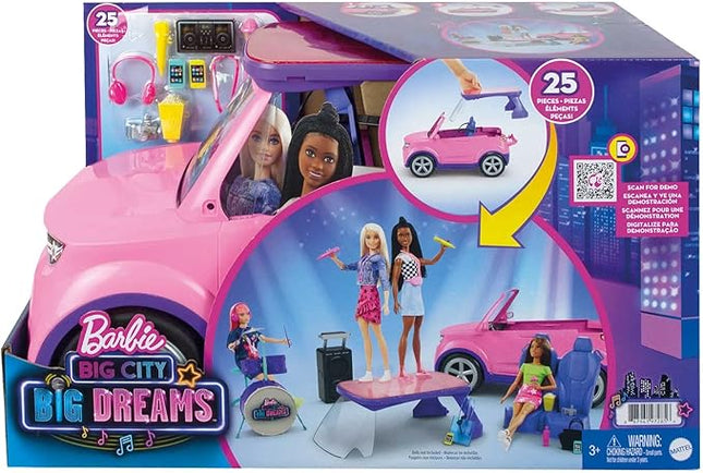 Barbie: Big City, Big Dreams Transforming Vehicle Playset, Pink 2-Seater SUV Reveals Stage, Drum Set & Concert-Themed Accessories, Gift for 3 to 7 Year Olds