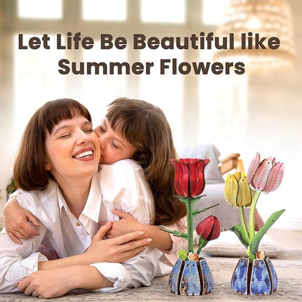 Jege 3D Flowers Wooden Puzzles for Adults,DIY Wooden 2 Flowers per Kit Building Set for Home Decor, Creative Craft Gift Toys Kits with 2 Perfume Bottles and Diffuser Sticks (Rose + Tulip)