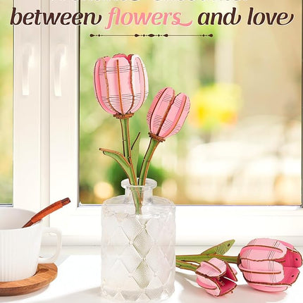 rowood Wooden Flower,3D Puzzles for Adults,Artifical Flower Botanical Collection Building Kit,Mother's Day/Valentine's Day Pink Tulip