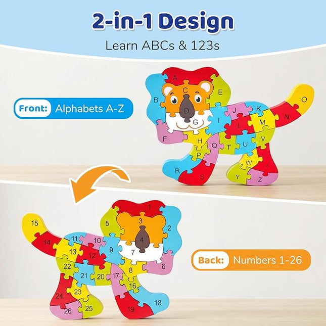 LovesTown Wooden Puzzles for Kids, Double Sided Lion Jigsaw with Alphabet & Numbers, Montessori Educational Toy for Toddlers, Chunky Animal Gift
