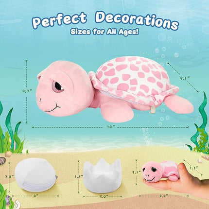 MorisMos Sea Turtle Stuffed Animal with Babies,14 in Mommy Turtle with 3 Baby Turtles Toys, 2 Plush Eggs inside Belly Pouch,Big-Eyed Stuffed Animal for Toddlers Kids,Pink Tortoise Gifts for Girls Boys