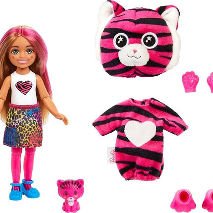 Barbie Cutie Reveal Chelsea Small Doll, Jungle Series Tiger Plush Costume, 7 Surprises Including Mini Pet & Color Change