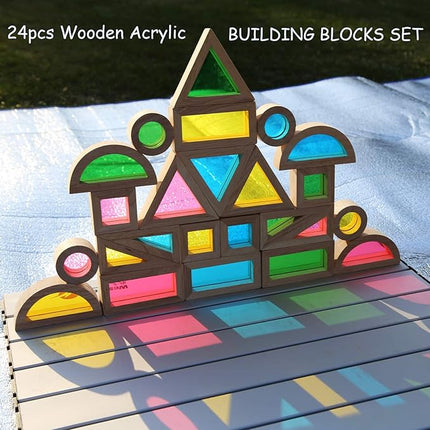 Wood Building Blocks Set 24pcs, Wooden Blocks for Toddlers, Rainbow Sensory Toys, Educational Toys, Preschool Wooden Stacking Toy for Kids