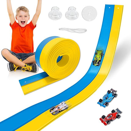 Flexible Race Track Toys for Kids, 15 Ft Double Lane Racetrack with 4 Cars & Suction Cups, Compatible with Hot Wheels & 1/64 Diecast Cars, Portable Roll Up Car Ramp Track Set for Ages 3+(Yellow&Blue)