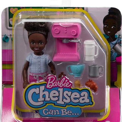 Barbie Chelsea Can Be Playset, Brunette Barista Small Doll with Removable Outfit & 7 Career Accessories Including Coffee Maker