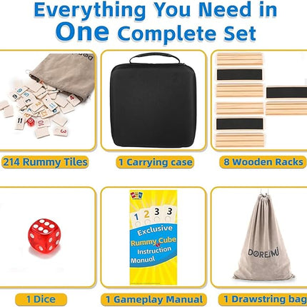 Upgraded Rummy Cube Game Set 6-8 Players with 8 Wooden Holders and 214 Rummy Tiles, Travel Family Board Game for Adults and Kids