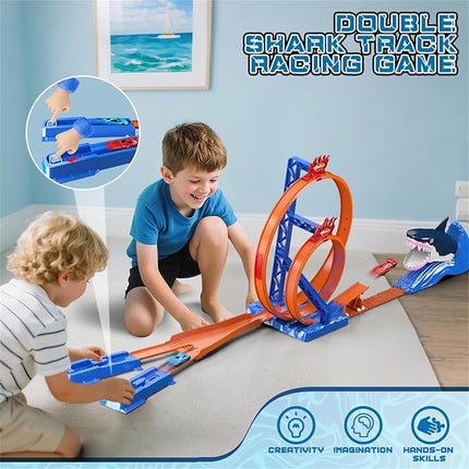 VATOS Shark Toys Car Track Set, Dual Loop Race Track Toy for Boys, Shark Car Racing Tracks with 2 Race Cars & Launchers, Jumping Raceway Playset Kids Toys Gift for Boys Girls 3 4 5 6 7 8 Year Old