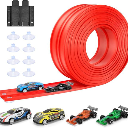 KETIEE Flex Tracks 16Ft for Kids: Flexible Race Car Ramp Track with 4 Small Racecars and 8 Suction Cups Compatible with Hot Wheels and Diecast 1/64th Cars, Rolls Up Portable Racetrack for Ages 3 & Up