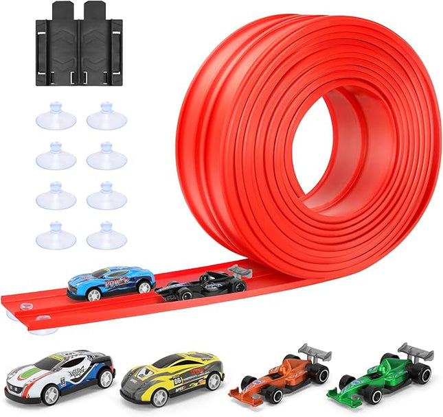 KETIEE Flex Tracks 16Ft for Kids: Flexible Race Car Ramp Track with 4 Small Racecars and 8 Suction Cups Compatible with Hot Wheels and Diecast 1/64th Cars, Rolls Up Portable Racetrack for Ages 3 & Up
