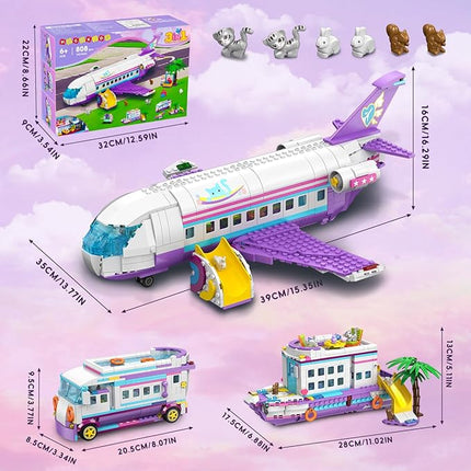 HOGOKIDS 3-in-1 Friends Airplane Building Toy Set - 808PCS Plane/Boat/Camper Van Building Toys with Cute 6 Mini Animals, Slide, Fun Accessories and Stickers, Birthday Gifts for Girls Boys Age 8-12+