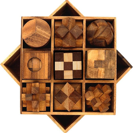 BSIRI 9 in 1 Wooden Brain Teaser Puzzles for Adults Teens and Kids Box Set for All Ages Wood Hard Level 10 Impossible Mind Wood Brain Teaser Games 3D Hand Puzzle Sets for Decoration and Mini Toys