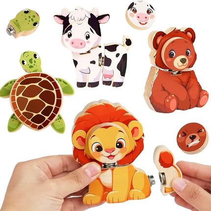 HUZU Animal Snap Wooden Building Blocks – Fun & Educational Puzzle Toy for Kids Aged 3-8, Features Cow, Bear, Lion and Turtle, Matching Game with Interchangeable Animal Faces & Emotions