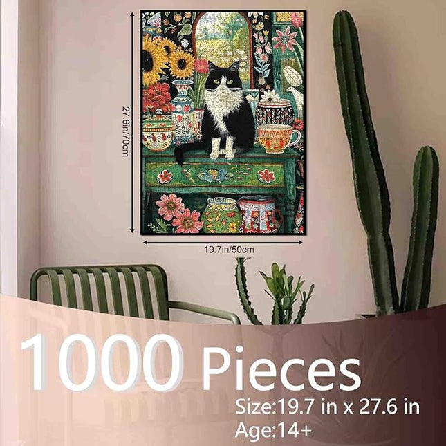 Cat Sit on Table Jigsaw Puzzle Kitten 1000 Pieces Puzzles Game Flower Floral Art Wall Decor DIY Craft Puzzle for Adults Gift for Friends and Family 20 x 27 Inch