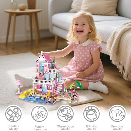 Pink Seaside Beach Villa Friends Building Set Friends Construction Educational Toy 822 Pieces Gifts for Girls Teens Kids Adults Ages 6+