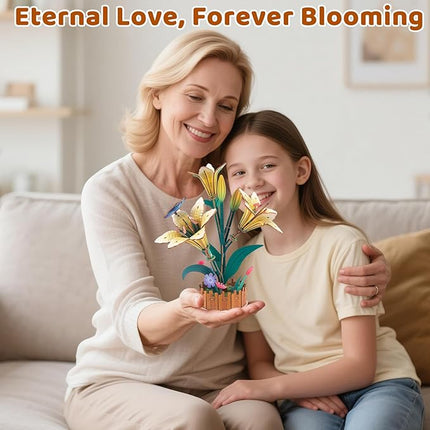 3D Wooden Flower Puzzles for Adults Lily, DIY Artificial Flower Building Set Wooden Bloom Craft Kits Home Decoration, for Women Mom Birthday Thanksgiving Christmas Valentine's Day